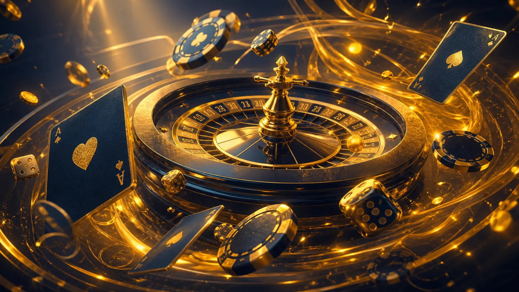 Cinematic luxury casino hero banner featuring opulent casino elements like poker chips and roulette wheel inspired by the Spi